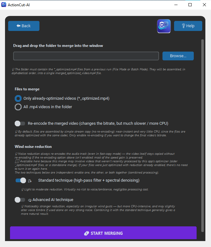 ActionCut-AI — Merge videos settings